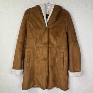 Lands' End Coat Womens Medium Brown Faux Suede Sherpa Lined Hooded Long Jacket